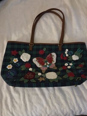 America & Beyond Embroidered Butterfly Floral Tote Bag in Dark Green Plaid